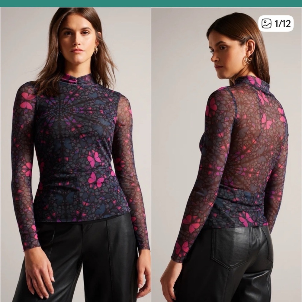 Ted Baker Women's Kaleidoscope Mesh Long Sleeve Top - Pink and Purple Butterfly